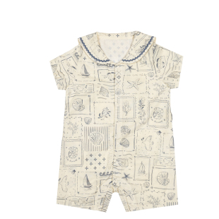 【新品】Oak Family夏季婴儿短袖海军领连体衣全棉纱爬服宝宝衣服