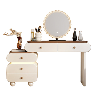 2025新款加厚实木烤漆梳妆台卧室现代简约高级感化妆桌中古奶油风
