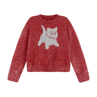 UNIFREE红色厚实圆领毛衣新款小猫提花美式复古宽松保暖冬季上衣