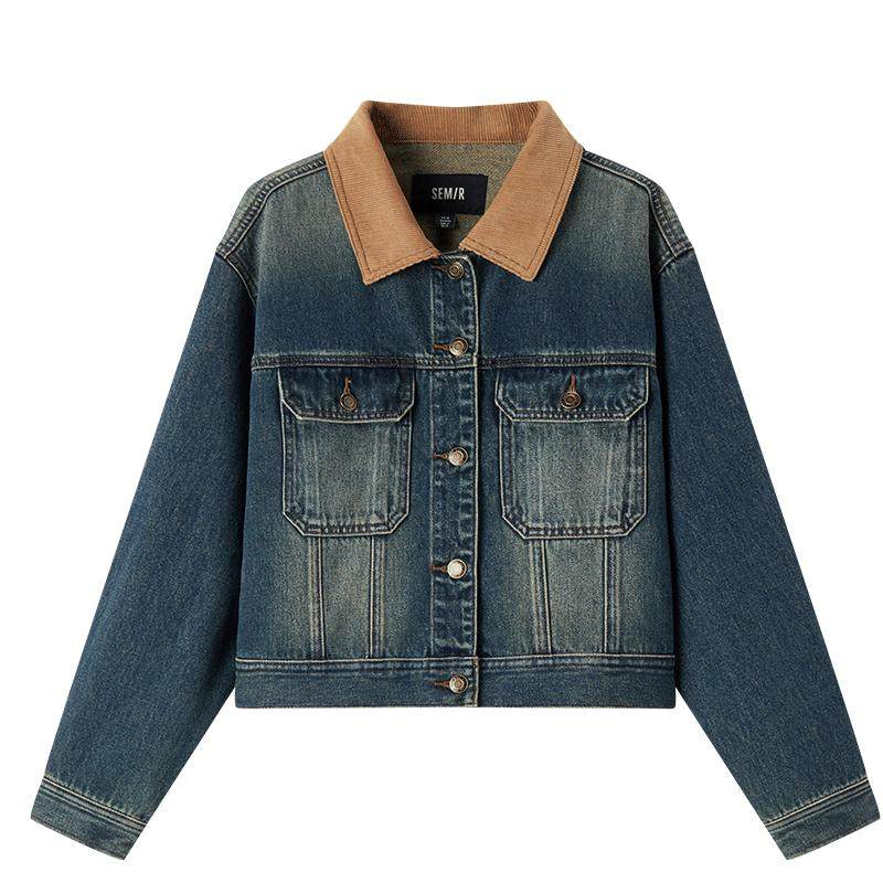 森柔牛仔|森马牛仔外套女短款翻领做旧衣服秋复古夹克小个子街头