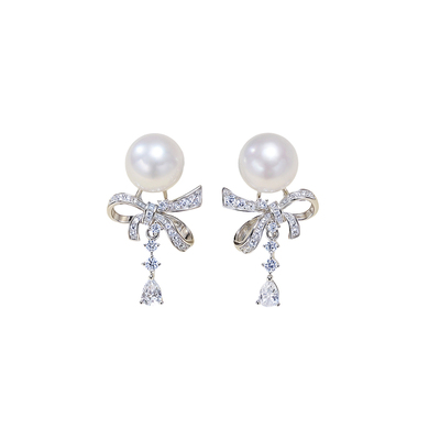 BRI.R/佰色传情8-9mm淡水珍珠S925银气质蝴蝶结耳钉耳环耳饰