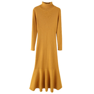 鱼尾针织连衣裙女秋冬高领保暖修身内搭超长款毛衣裙及踝打底长裙