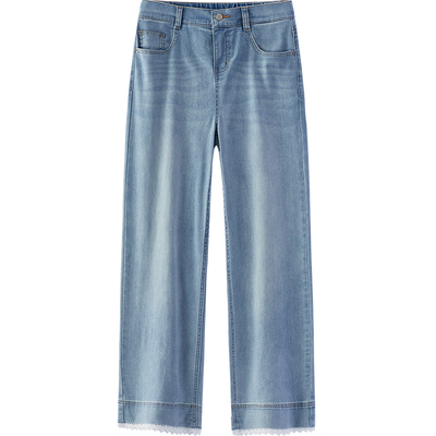 森马时尚复古蕾丝阔腿牛仔裤女