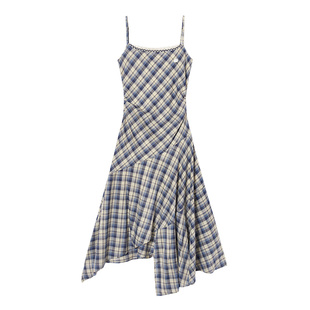 EPTISON吊带连衣裙女2025夏季新款复古不规则设计小个子格子长裙