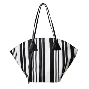气质黑白条纹扇形托特包时尚潮流单肩包大容量布包女休闲几何拼接