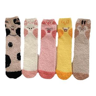 可爱小动物半边绒刺绣袜加厚保暖中筒袜小兔卡通可爱珊瑚绒袜子