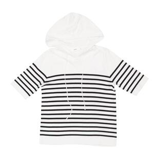 HONRN/红人休闲宽松显瘦薄款黑白条纹连帽短袖针织衫t恤上衣女夏