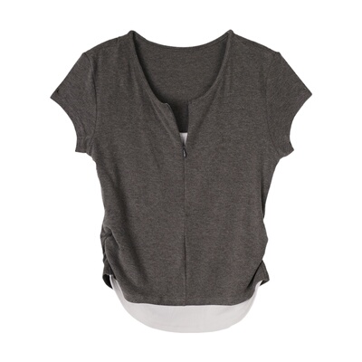 有层次假两件半拉链磨毛T恤短袖