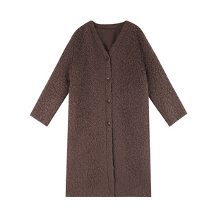 伊纳芙法式复古v领毛绒大衣女冬季新款高级宽松加厚保暖长款外套