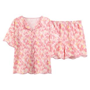 带胸垫一体纯棉睡衣女夏季短袖短裤甜美少女开衫可外穿家居服套装