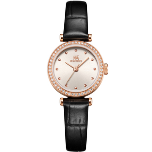 上海手表女款摩登系列小玉兰复古玲珑锆石壳黑带石英表