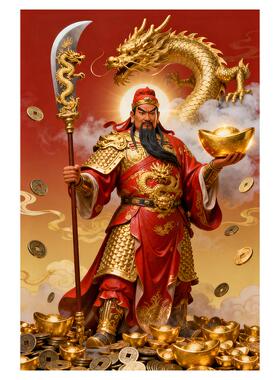 关二爷新中式财神玄关装饰关公神像画龙纹招财贴纸自粘画带背胶