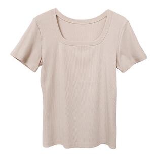 蓝色u领短袖白T恤女装打底修身2026春夏爆款方领半袖独特正肩上衣