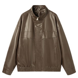 男士PU皮立领皮夹克男高级感痞帅2025新款秋季上衣棕色皮衣外套潮
