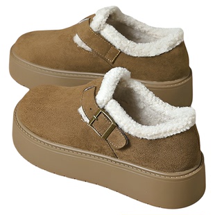 真皮~厚底勃肯鞋女冬季加绒全包一脚蹬毛绒雪地靴大码女鞋41到43