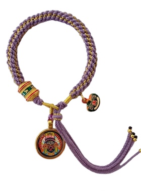 藏式扎基拉姆唐卡手绳五路财神眼手工编织手绳紫气东来手链