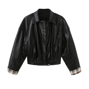 SHALL NOT UNTRUE 翻领复古皮衣外套女设计感拼接格纹机车皮夹克