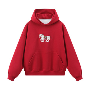 江南先生NewJNXS新年红色小马刺绣连帽卫衣春落肩宽松上衣男女款