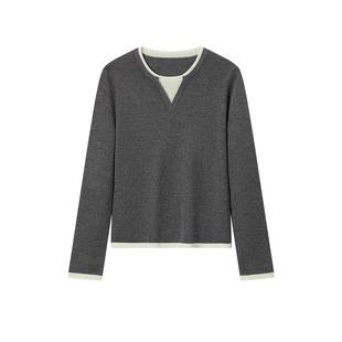 森马针织衫女含羊毛圆领修身气质打底衫秋冬季新款假两件拼色毛衫