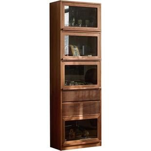 北美黑胡桃木书柜带玻璃门实木窄柜立柜轻奢高档组合柜家用储物柜