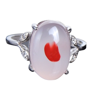 天然冰飘南红玛瑙戒指草花图案意境925银戒托活口女款饰品可调节