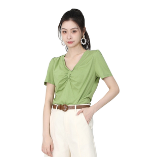 WEWE唯唯夏季新品女装气质甜美时尚V领短袖T恤通勤百搭亲肤