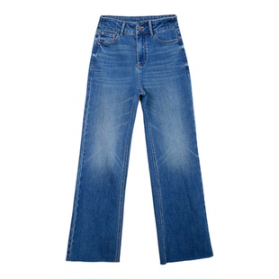 高阶水洗~深蓝色阔腿喇叭牛仔裤女秋季新款宽松遮肉毛边喇叭长裤