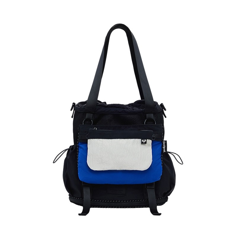 Desigual25秋冬新品蓝黑色尼龙拼接多袋双肩手提单肩包