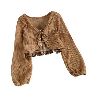 复古简约格子吊带背心早秋长袖镂空系带短款开衫衬衣女两件套装