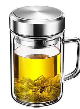 双层玻璃杯带把手家用泡茶杯子