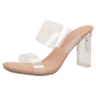 舒适凉拖鞋女夏季新款踩屎感透明高跟鞋水晶粗跟凉拖鞋高跟凉鞋软