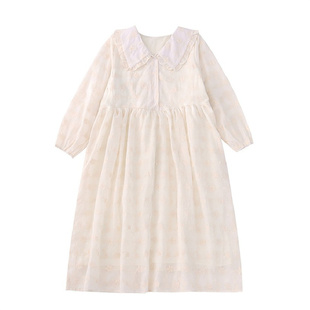 踏进银河 日系甜美花边娃娃领连衣裙小个子中长款温柔长袖裙子秋