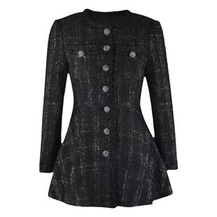 刘雯同款黑色小香风中长款外套女大摆高腰连衣裙显瘦粗花呢上衣