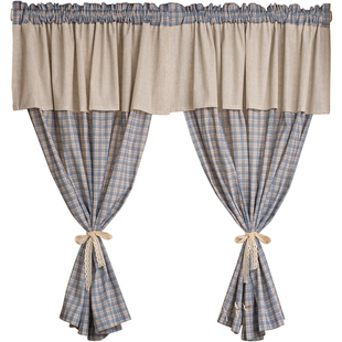 法式复古天蓝格子美式乡村田园风棉麻帘头窗帘厨房门帘免打孔穿杆