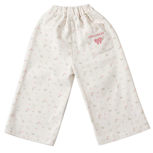 女童裤子春秋款2026新款宝宝米白色洋气碎花长裤刺绣蝴蝶结阔腿裤