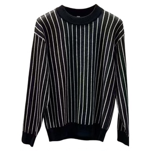 2025秋冬新款加厚黑白条纹毛衣男保暖线衫痞帅潮流圆领打底针织衫
