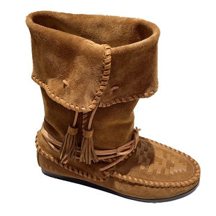 WM6欧洲站新款磨砂牛皮编织游牧风旅拍流苏圆头内增高翻边女中靴