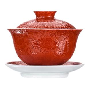 古帛扒花五福圆满三才盖碗主人杯陶瓷景德镇高档手绘茶碗手工礼盒