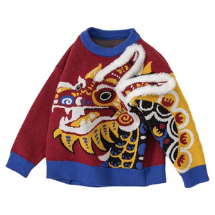 儿童汉服春秋款2026新款男童毛衣红色女童衣服新中式宝宝国风上衣