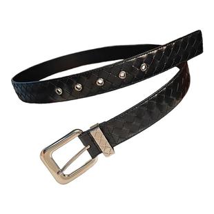 真皮头层牛皮百搭商务裤带男士腰带小格子bv经典纯手工编织皮带男