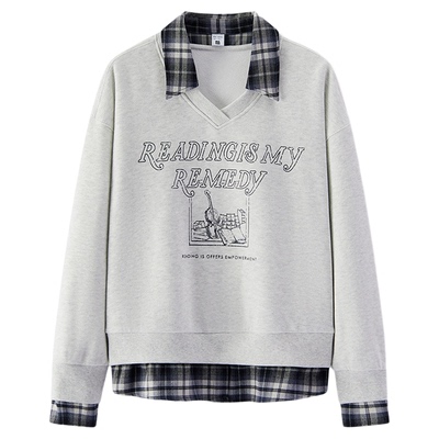 森马翻领抓绒假两件图案卫衣女