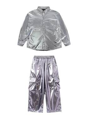 街舞架子鼓表演服银色套装反光童