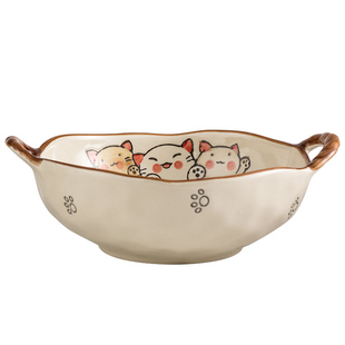 双耳碗石锅拌饭碗家用陶瓷碗汤碗沙拉碗面碗个人专用可爱大碗餐具