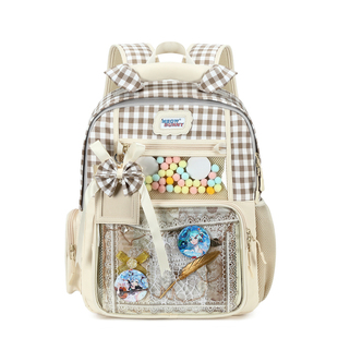 meowbunny 格子双肩痛包女 可爱学生书包大容量蝴蝶结高颜值背包
