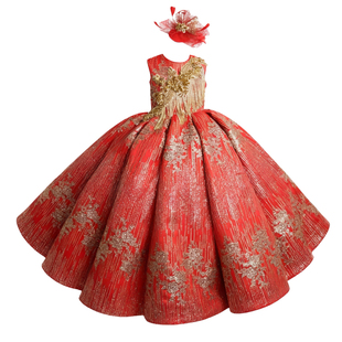 欣入荷华丽儿童演出礼服女红色刺绣大摆裙高级感宴会主持人晚礼服