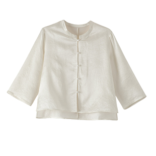 晚白2026年春新款国风盘扣暗纹花100%醋酸上衣亲肤丝滑优雅衬衫女