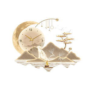 现代轻奢餐厅装饰画大气山水客厅钟表挂画高级感饭厅背景墙壁画灯