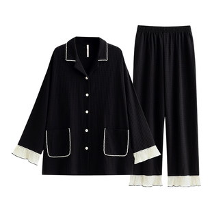 悦内睡衣女春秋季秋款秋天纯棉长袖家居服薄款高档高级感黑色套装