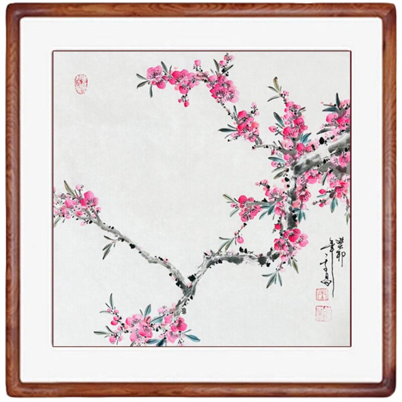 国画桃花纯手绘真迹客厅装饰画写意花鸟画挂画实木框画心卷轴装裱