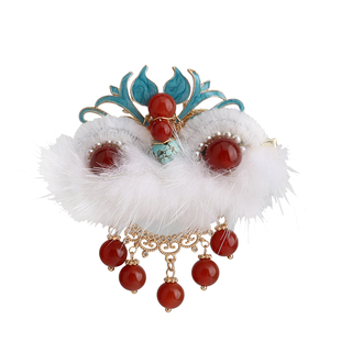 中国风醒狮发夹边夹侧边 秋冬可爱毛毛汉服古风头饰 小女孩对夹